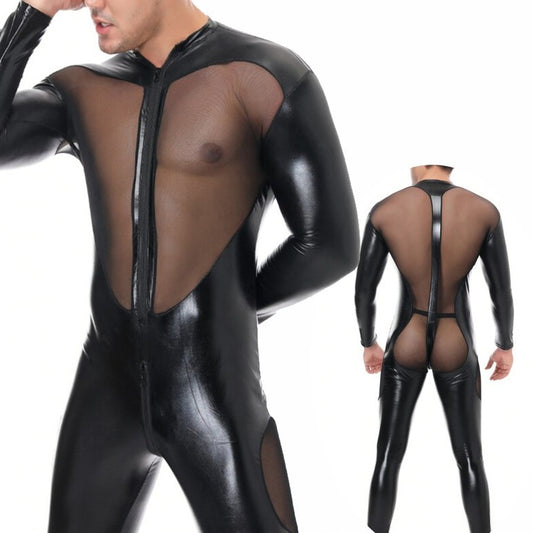 sexy gay man in Gay Bodysuit and Singlet | Kinky PVC Leather Mesh Bodysuit - Men's Singlets, Bodysuits, Leotard & Unitard - pridevoyageshop.com