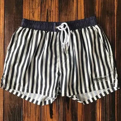 White + Navy Blue Desmiit Vertical Striped Board Shorts - pridevoyageshop.com - gay men’s underwear and swimwear
