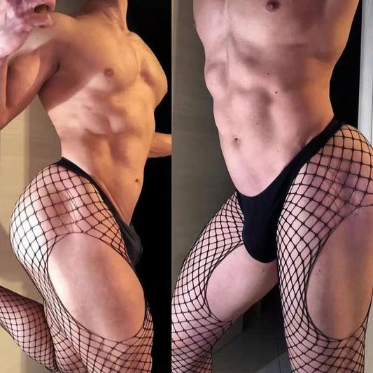 a sexy gay man in Lust Trap Crotchless Net Tights with Thigh Cutouts - pridevoyageshop.com - gay men’s bodystocking, lingerie, fishnet and fetish wear