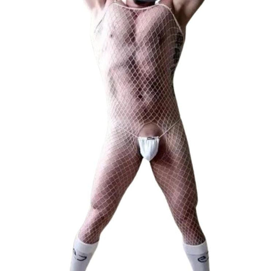 a sexy gay man in white Bare Desire Men’s Fishnet Bodysuit - pridevoyageshop.com - gay men’s bodystocking, lingerie, fishnet and fetish wear