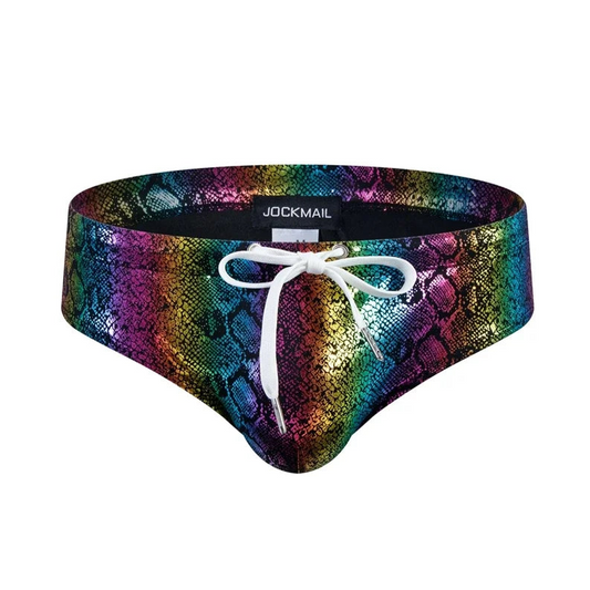 Snakeskin Rainbow Men’s Venom Lust Swim Briefs with Pad - pridevoyageshop.com - gay men’s sexy swim briefs, trunks, board shorts, and bikinis