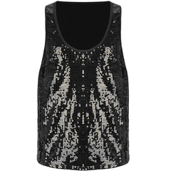 a flat lay of Black Bourbon Street Tease Deep Scoop Sequin Tank - pridevoyageshop.com - gay men's fashion, clubwear, party outfit