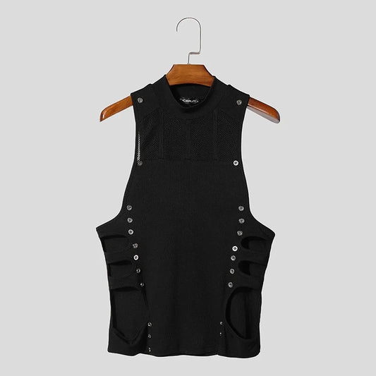 a flat lay of Black Cruising Bait Cutout Top - pridevoyageshop.com - gay men's harness, fetish gear, rave outfit
