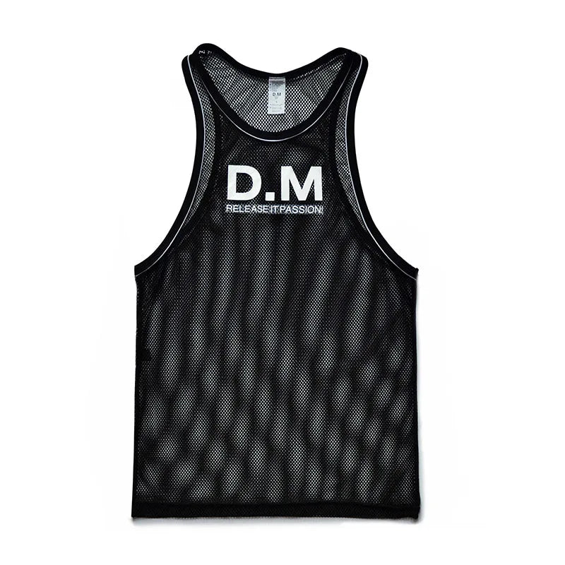 a flat lay of Black The DM Is Open Mesh Tank - pridevoyageshop.com - gay men's fashion, clubwear, party outfit