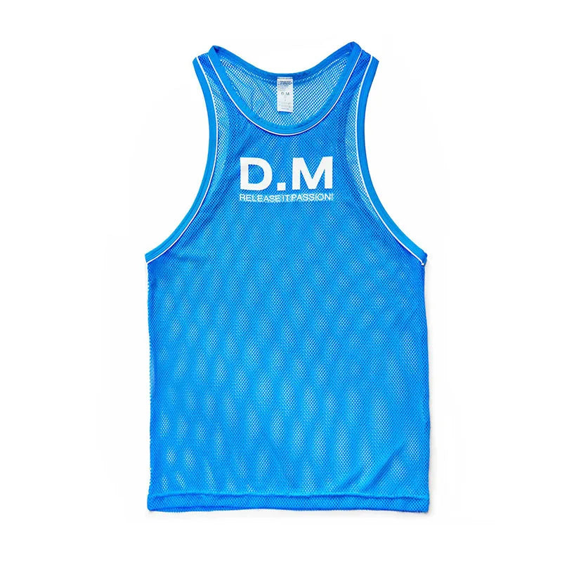 a flat lay of Blue The DM Is Open Mesh Tank - pridevoyageshop.com - gay men's fashion, clubwear, party outfit