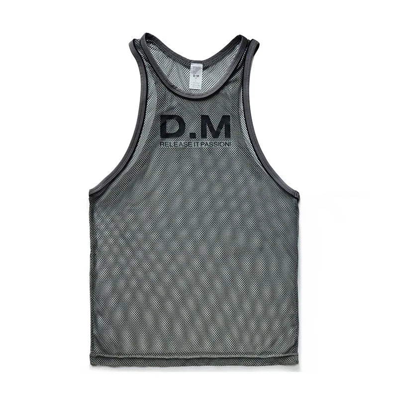 a flat lay of Gray The DM Is Open Mesh Tank - pridevoyageshop.com - gay men's fashion, clubwear, party outfit