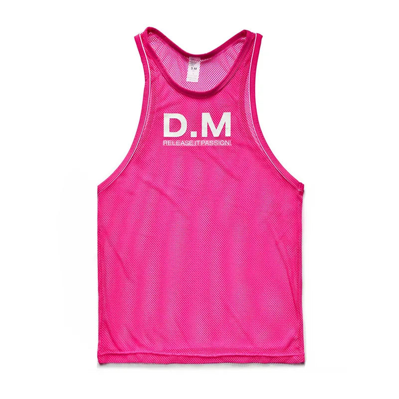 a flat lay of Pink The DM Is Open Mesh Tank - pridevoyageshop.com - gay men's fashion, clubwear, party outfit