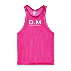 a flat lay of Pink The DM Is Open Mesh Tank - pridevoyageshop.com - gay men's fashion, clubwear, party outfit