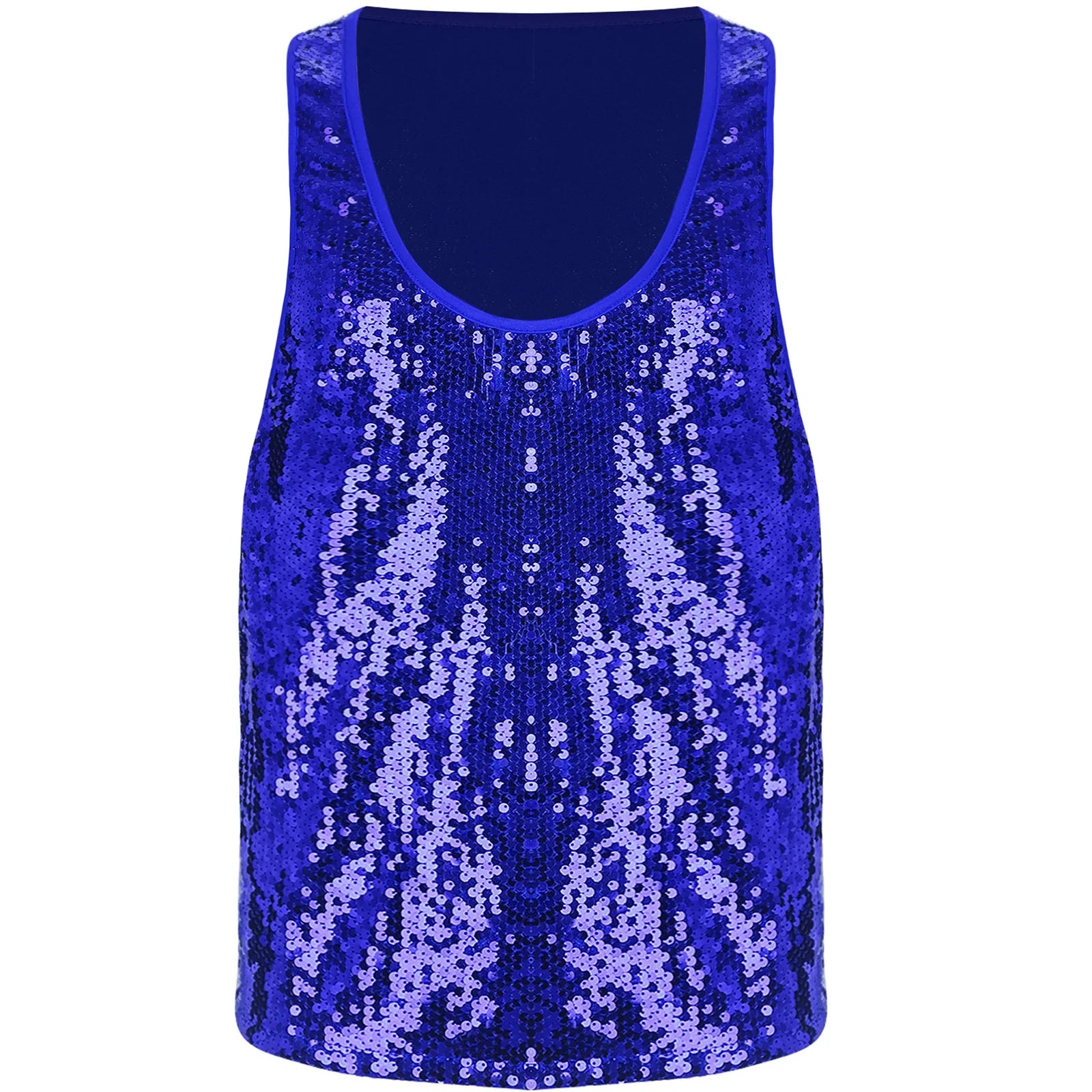 a flat lay of Royal Blue Bourbon Street Tease Deep Scoop Sequin Tank - pridevoyageshop.com - gay men's fashion, clubwear, party outfit