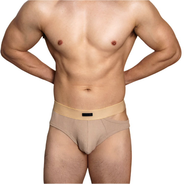 a hot man in Khaki DM Men’s “Side-Slit” Cutout Brief - pridevoyageshop.com - gay men’s thongs, boxers, briefs and jockstraps