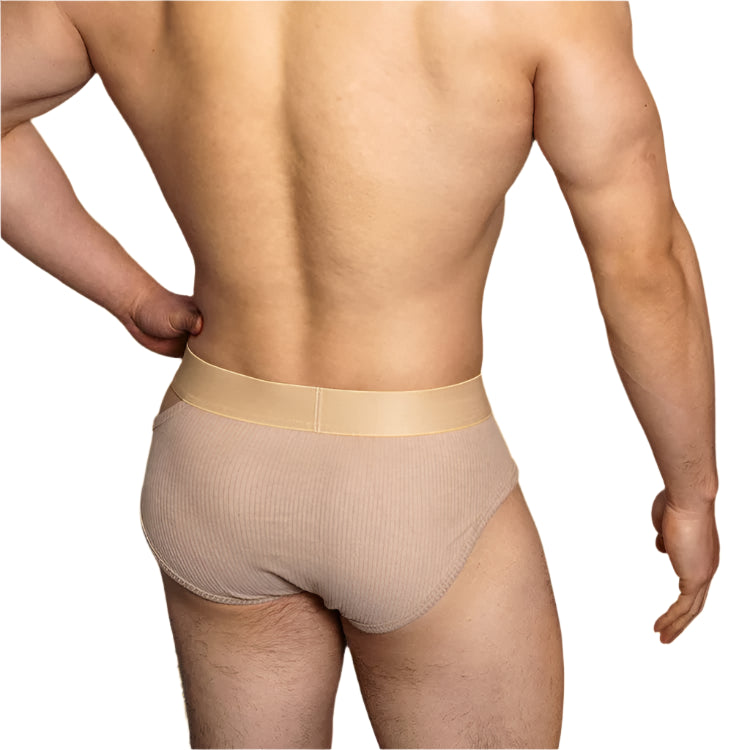 a hot man in Khaki DM Men’s “Side-Slit” Cutout Brief - pridevoyageshop.com - gay men’s thongs, boxers, briefs and jockstraps