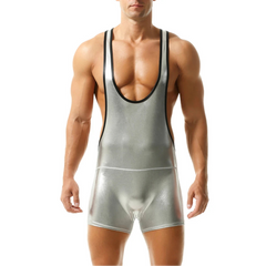 a hot man in Silvery White Men’s Metallic Desire Singlet from Pridevoyageshop
