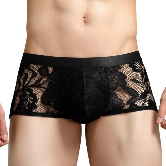 a hot man in black Queen’s Secret Lace Boxers - pridevoyageshop.com - gay men’s thongs, boxers, briefs and jockstraps