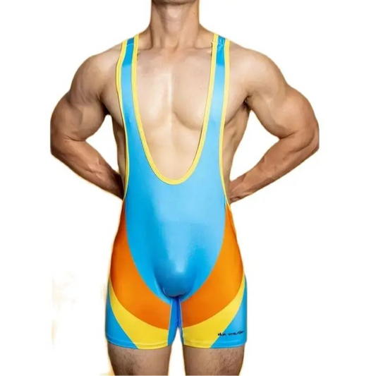 a hot man in blue MeatPlay Wrestling Singlet from Pridevoyageshop