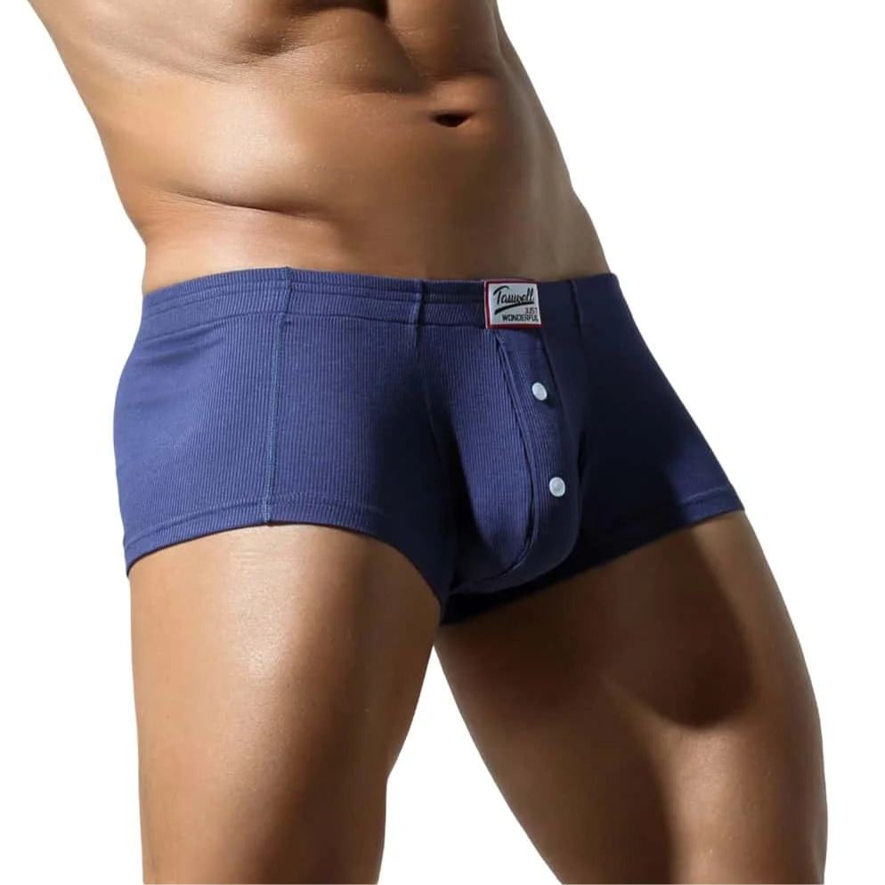 a hot man in dark blue Button Me Boxer Briefs - pridevoyageshop.com - gay men’s thongs, boxers, briefs and jockstraps