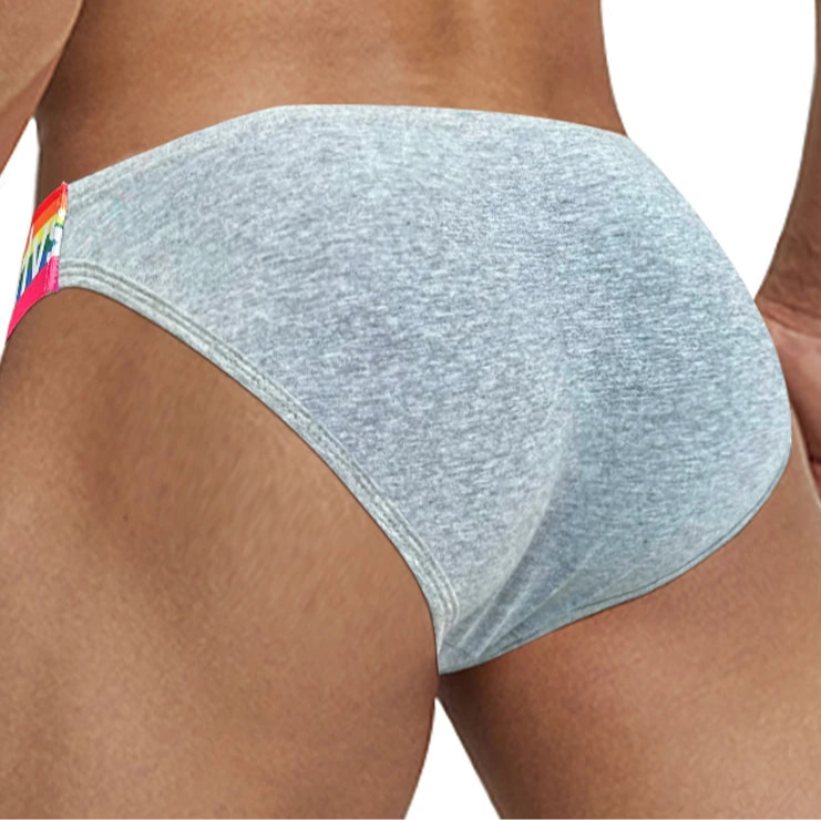 a hot man in gray Men’s Rainbow Strapped Bulge Brief - pridevoyageshop.com - gay men’s thongs, boxers, briefs and jockstraps