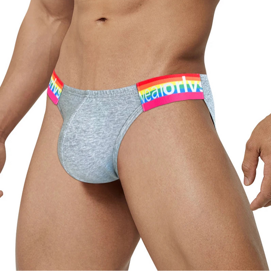 a hot man in gray Men’s Rainbow Strapped Bulge Brief - pridevoyageshop.com - gay men’s thongs, boxers, briefs and jockstraps