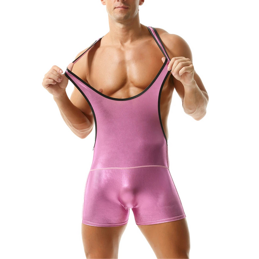 a hot man in pink Men’s Metallic Desire Singlet from Pridevoyageshop