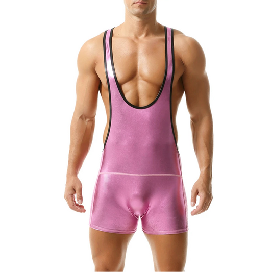 a hot man in pink Men’s Metallic Desire Singlet from Pridevoyageshop