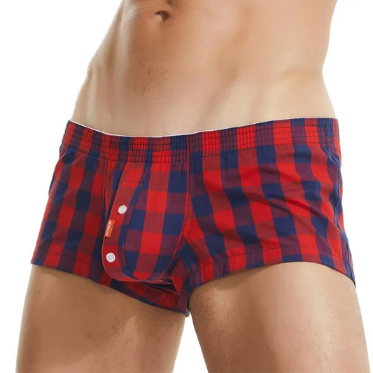 a hot man in red Buff & Boi Plaid Boxers - pridevoyageshop.com - gay men’s thongs, boxers, briefs and jockstraps