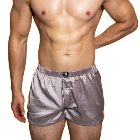 a hot man in silver DM Dirty Night Silk Boxers - pridevoyageshop.com - gay men’s thongs, boxers, briefs and jockstraps