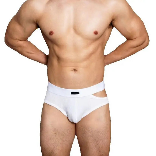 a hot man in white DM Men’s “Side-Slit” Cutout Brief - pridevoyageshop.com - gay men’s thongs, boxers, briefs and jockstraps