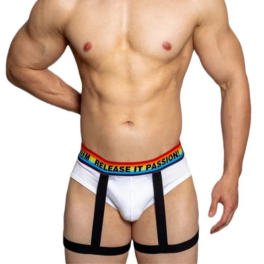 a hot man in white DM Pride Rainbow Passion Garter Briefs - pridevoyageshop.com - gay men’s thongs, boxers, briefs and jockstraps