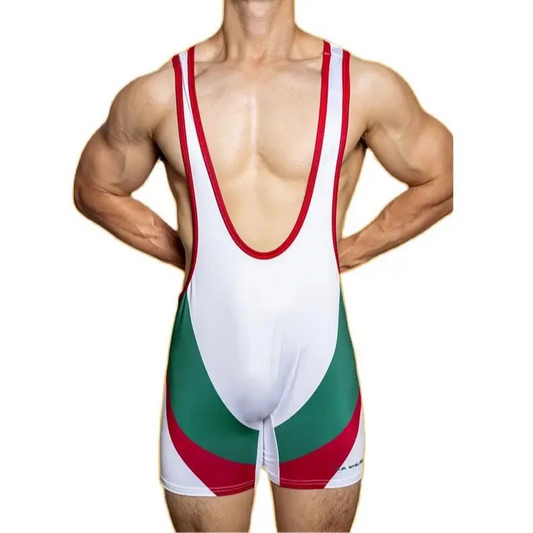 a hot man in white MeatPlay Wrestling Singlet from Pridevoyageshop