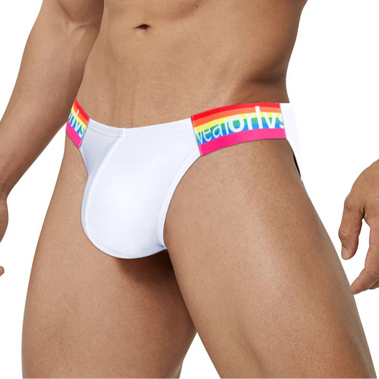 a hot man in white Men’s Rainbow Strapped Bulge Brief - pridevoyageshop.com - gay men’s thongs, boxers, briefs and jockstraps