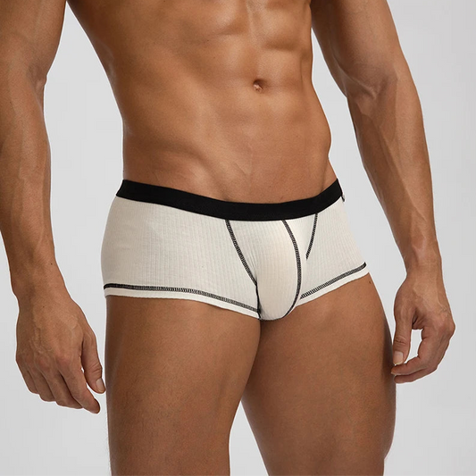 a hot man in white Men's Ribbed Rendezvous Mini Trunks - pridevoyageshop.com - gay men’s thongs, boxers, briefs and jockstraps
