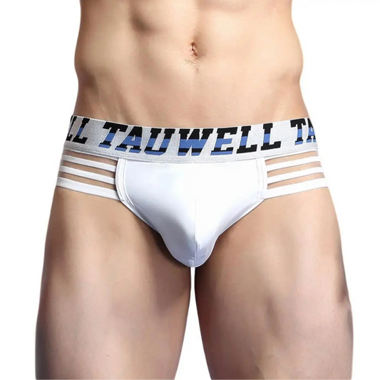 a hot man in white TAUWELL Men’s “Strap & Sizzle” Low-Rise Brief - pridevoyageshop.com - gay men’s thongs, boxers, briefs and jockstraps