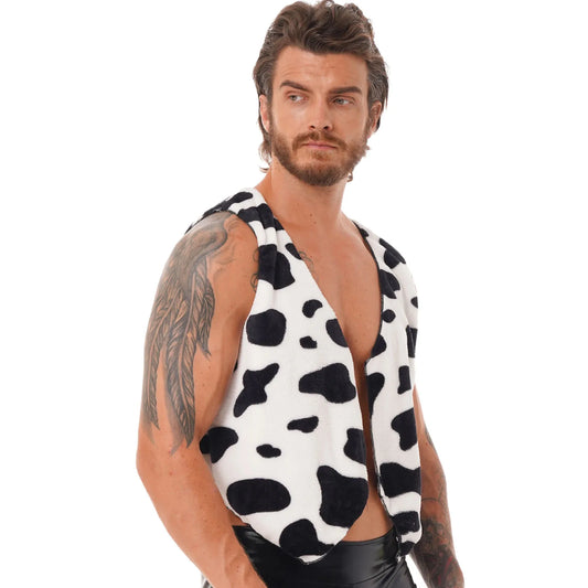a muscular bearded man wearing a black cow-print milk the moment cowprint vest flexing his chest and posing confidently – pridevoyageshop.com – gay men’s gym tank tops mesh tank tops clubwear fashion tops and activewear