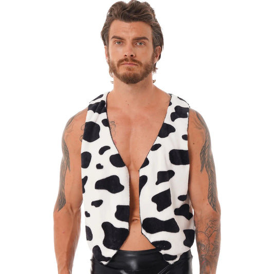 a muscular bearded man wearing a black cow-print milk the moment cowprint vest flexing his chest and posing confidently – pridevoyageshop.com – gay men’s gym tank tops mesh tank tops clubwear fashion tops and activewear
