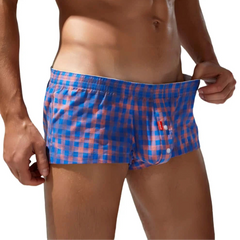 a sexy gay man in blue and pink BoiBulge Plaid Boxers - pridevoyageshop.com - gay men’s thongs, boxers, briefs and jockstraps