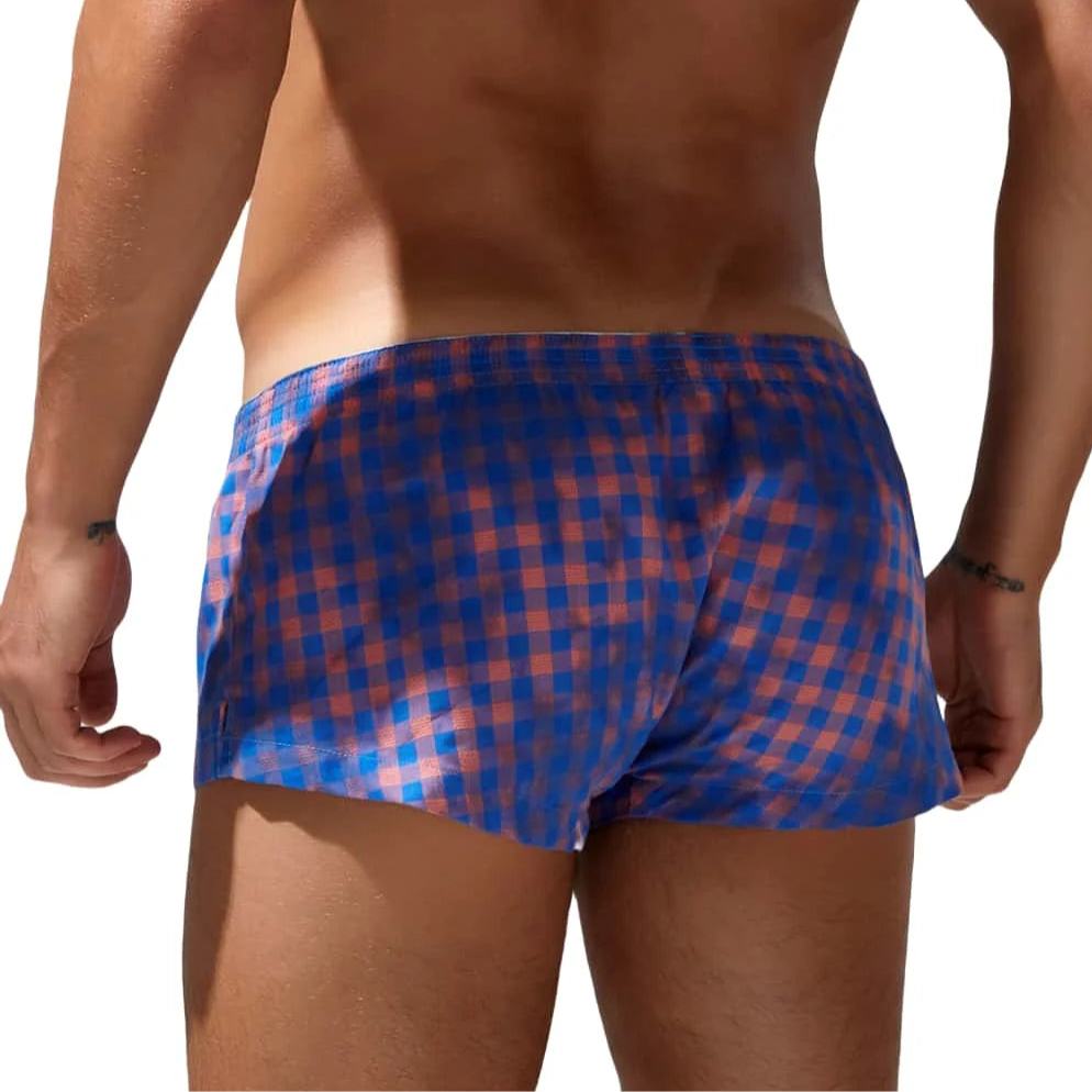 a sexy gay man in blue and pink BoiBulge Plaid Boxers - pridevoyageshop.com - gay men’s thongs, boxers, briefs and jockstraps