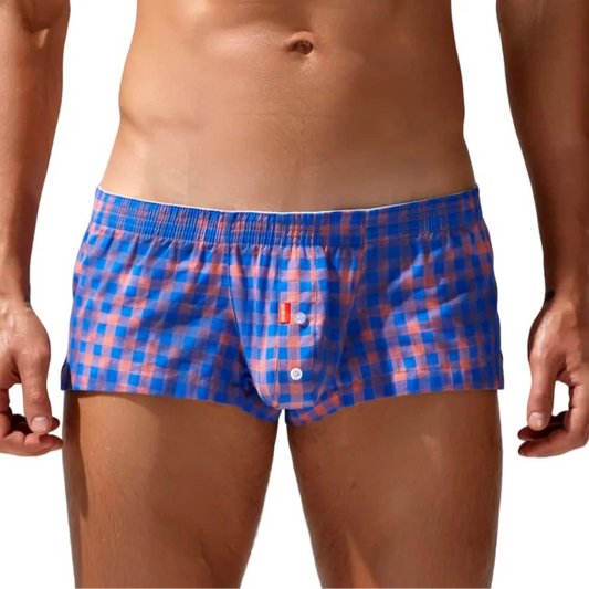 a sexy gay man in blue and pink BoiBulge Plaid Boxers - pridevoyageshop.com - gay men’s thongs, boxers, briefs and jockstraps