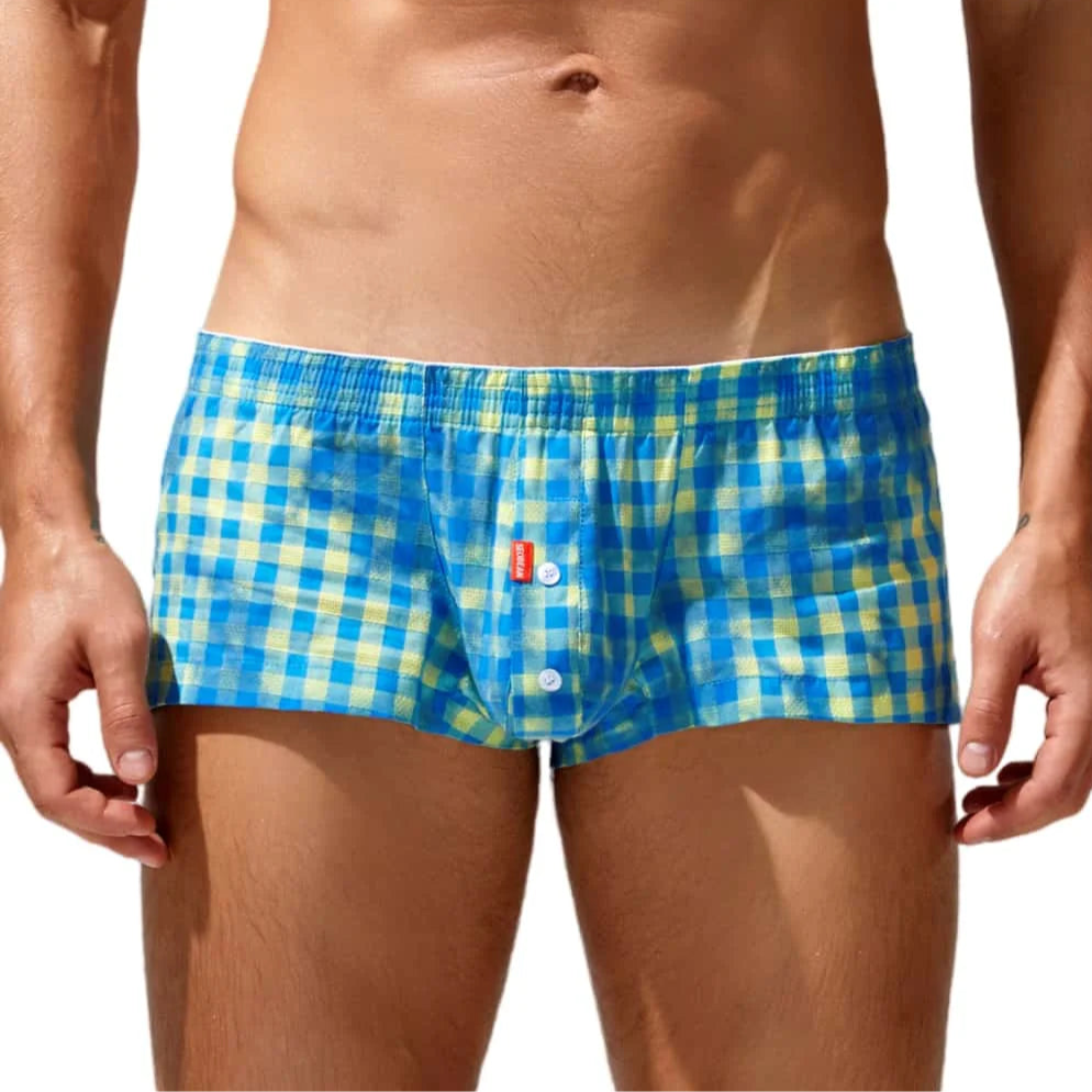 a sexy gay man in blue and yellow BoiBulge Plaid Boxers - pridevoyageshop.com - gay men’s thongs, boxers, briefs and jockstraps