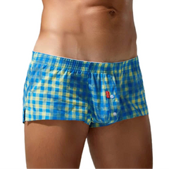 a sexy gay man in blue and yellow BoiBulge Plaid Boxers - pridevoyageshop.com - gay men’s thongs, boxers, briefs and jockstraps