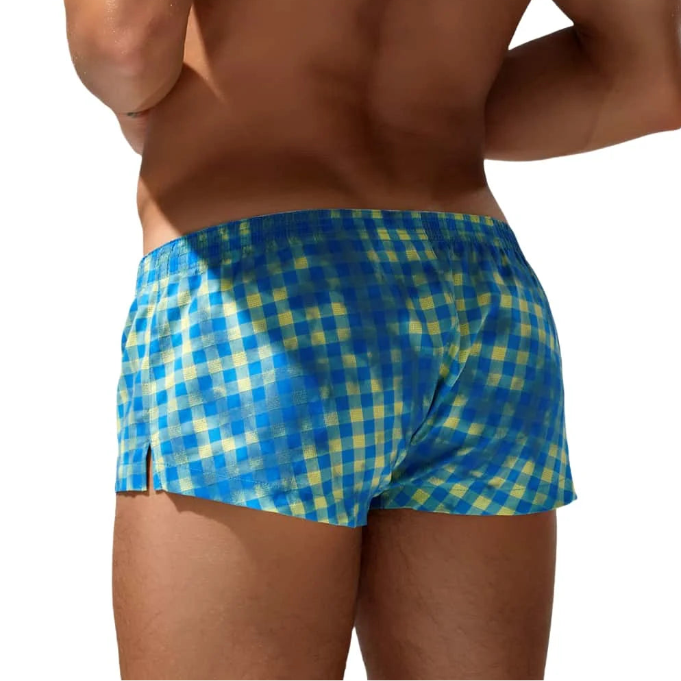 a sexy gay man in blue and yellow BoiBulge Plaid Boxers - pridevoyageshop.com - gay men’s thongs, boxers, briefs and jockstraps
