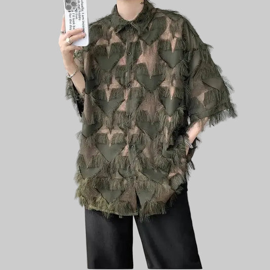 a sexy man in Army Green Starfall Fringe Shirt - pridevoyageshop.com - gay men's fashion, clubwear, party outfit