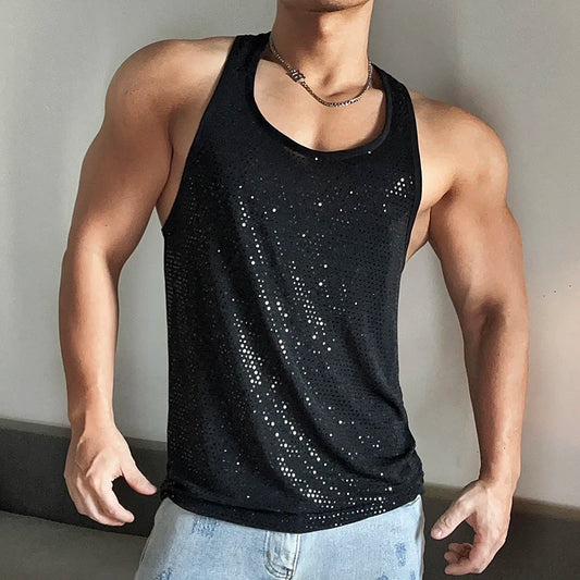 a sexy man in Black Back Bar Sequin Racerback Tank - pridevoyageshop.com - gay men's fashion, clubwear, party outfit
