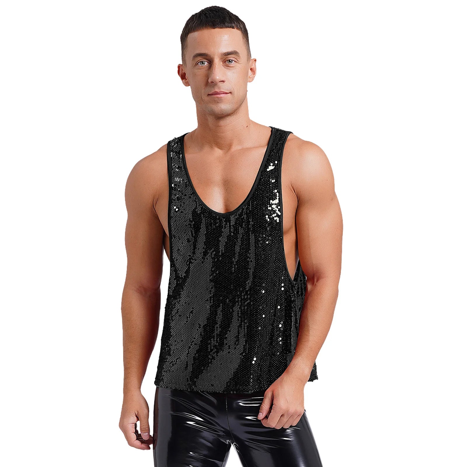 a sexy man in Black Bourbon Street Tease Deep Scoop Sequin Tank - pridevoyageshop.com - gay men's fashion, clubwear, party outfit