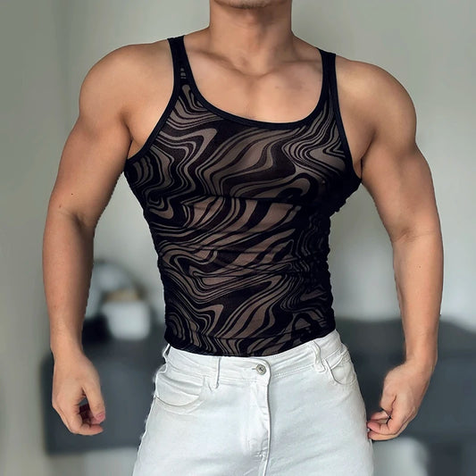 a sexy man in Black Disco Mirage Mesh Top - pridevoyageshop.com - gay men's fashion, clubwear, party outfit