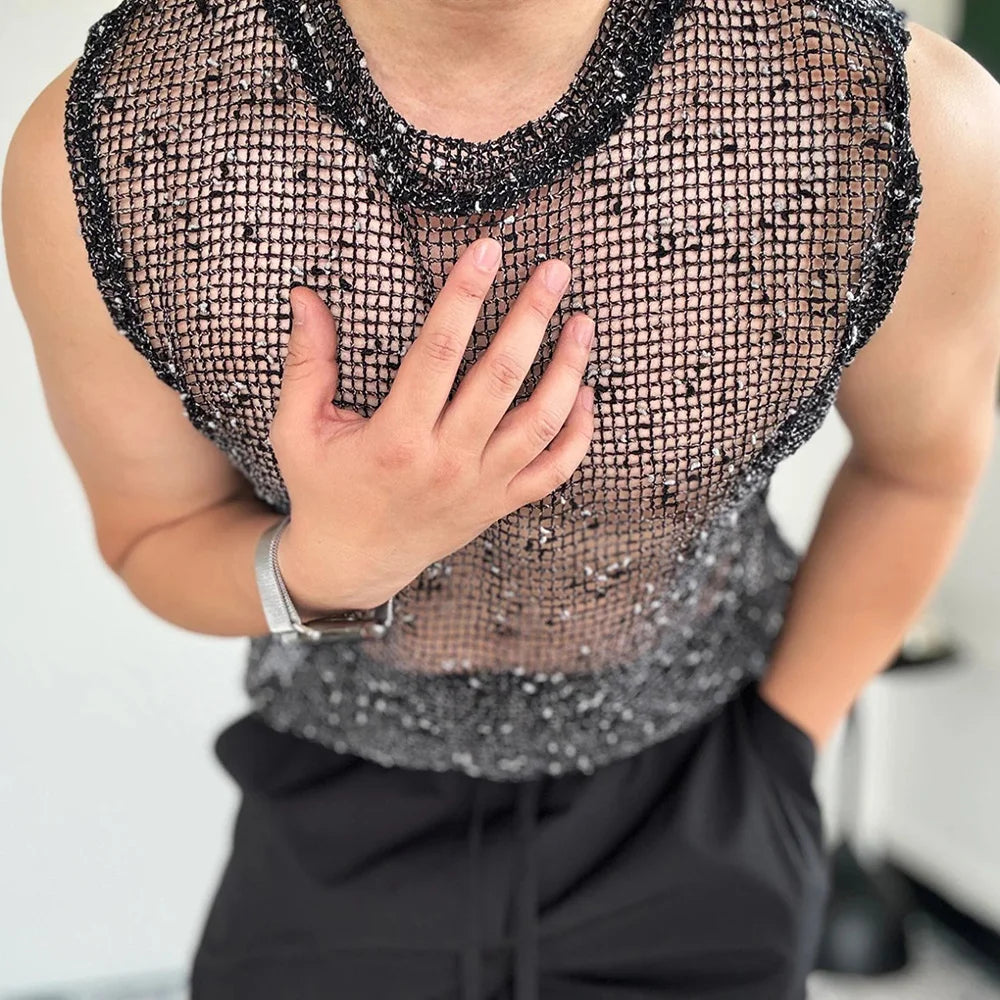 a sexy man in Black Dive Bar Sequin MeshTank - pridevoyageshop.com - gay men's fashion, clubwear, party outfit