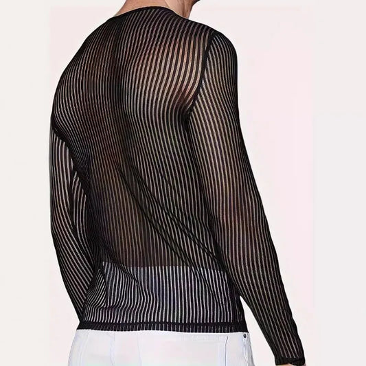 a sexy man in Black Dominion Striped Mesh Long Sleeve - pridevoyageshop.com - gay men's fashion, clubwear, party outfit