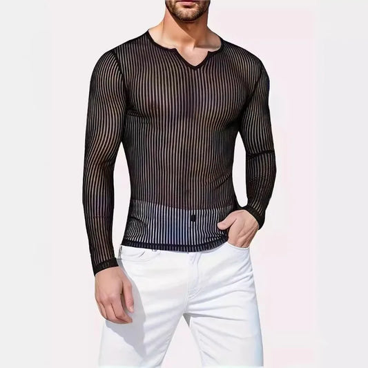 a sexy man in Black Dominion Striped Mesh Long Sleeve - pridevoyageshop.com - gay men's fashion, clubwear, party outfit