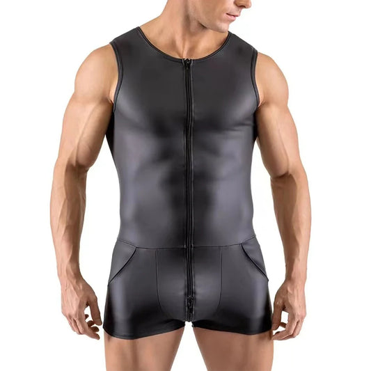 a sexy man in Black Eagle Zip Leather-Look Singlet - pridevoyageshop.com - gay men's lingerie, bodywear, fetish wear