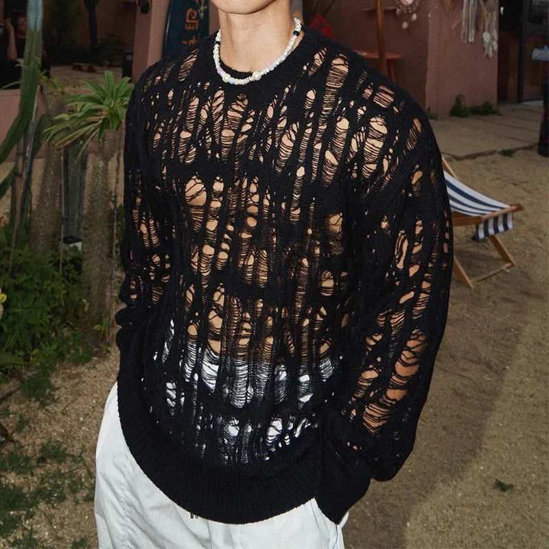 a sexy man in Black Fire Island Breeze Shred Sweater - pridevoyageshop.com - gay men's fashion, clubwear, party outfit