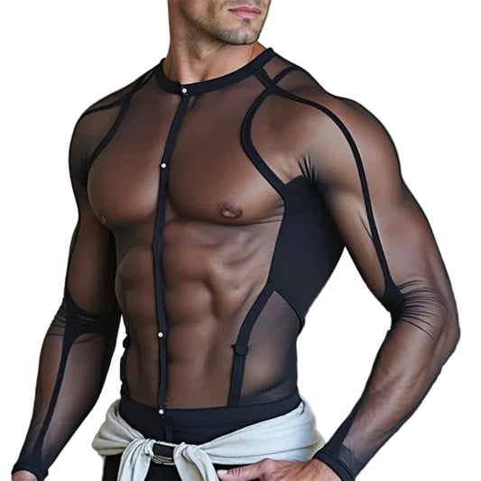a sexy man in Black Flesh Show Sheer Mesh Long Sleeve Shirt - pridevoyageshop.com - gay men's fashion, clubwear, party outfit