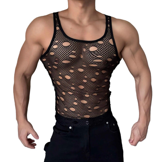 a sexy man in Black Go-Go Holey Cut-Out Mesh Top - pridevoyageshop.com - gay men's fashion, clubwear, party outfit